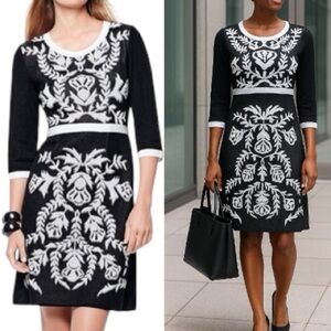 Misook Black & White Knit Dress Medium Embroidered Floral Pattern Work Elegant